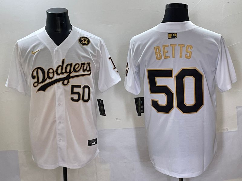 Men 2025 Los Angeles Dodgers #50 Betts White Gold Nike MLB Jersey style 6278